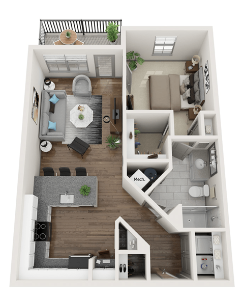 Floor plan for 1 bed, 1 bath, 797 sqft